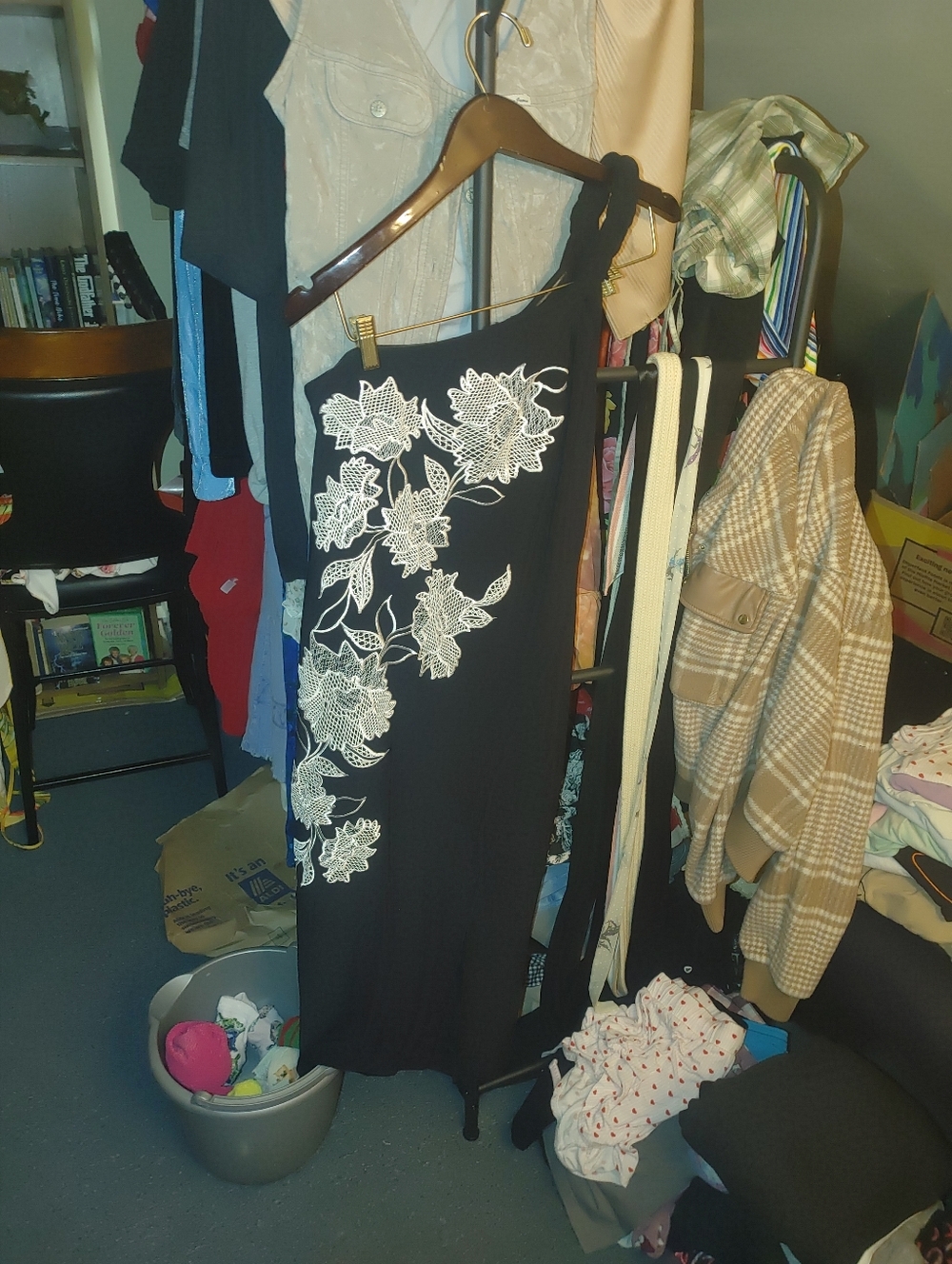 White House Black Market Black One-Shoulder Dress with White Floral Appliqué